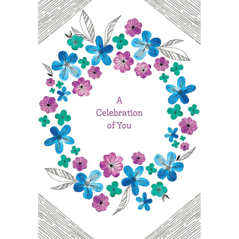 Cobalt wreath birthday card by Pictura featuring a decorative blue floral wreath design on a white background.